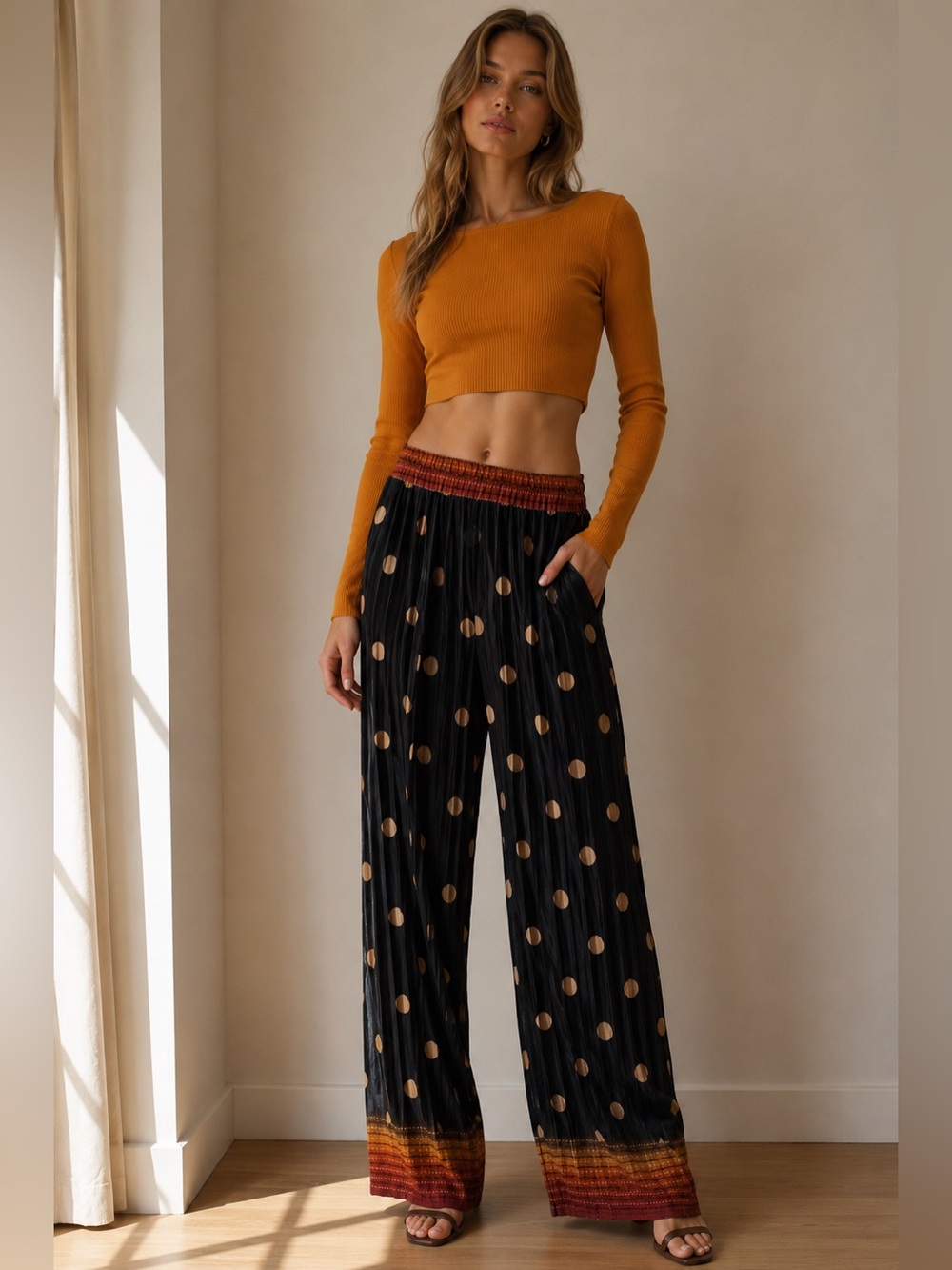Vakko Black Gold Polka Dot Pleated Wide Leg Pants New
